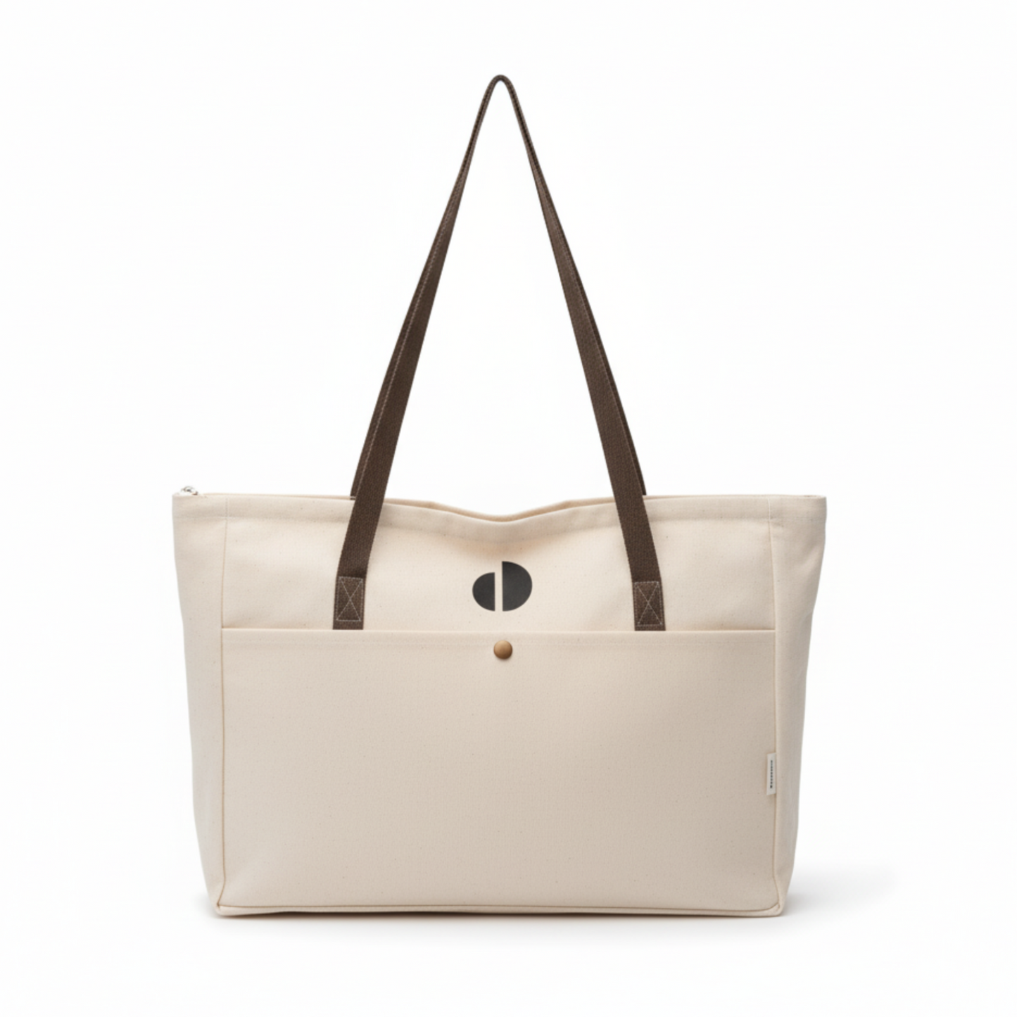 Beige tote bag with brown straps on a white background