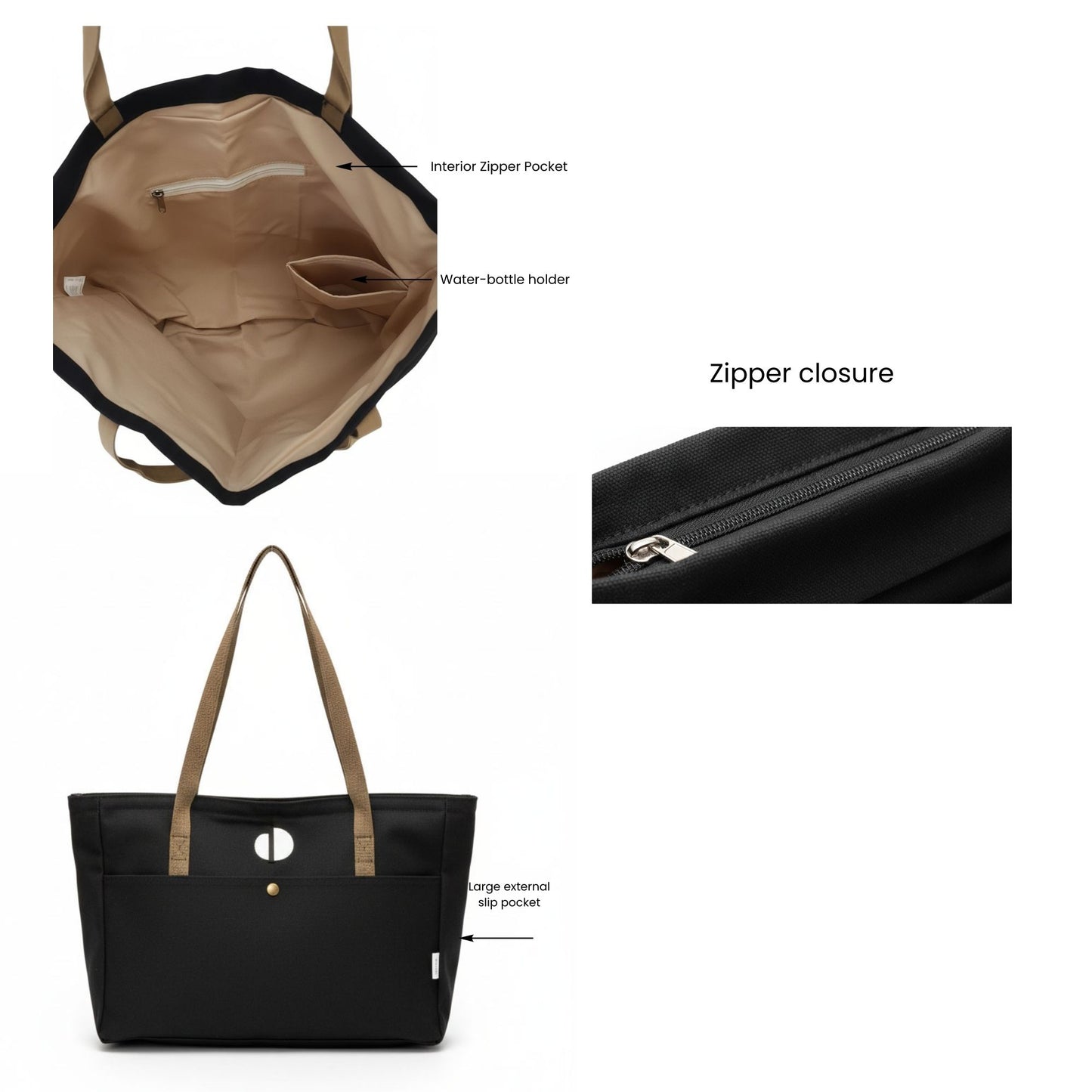 Black tote bag with beige accents, showing interior, water bottle holder, zipper closure, and large external pocket. - Dotflakes