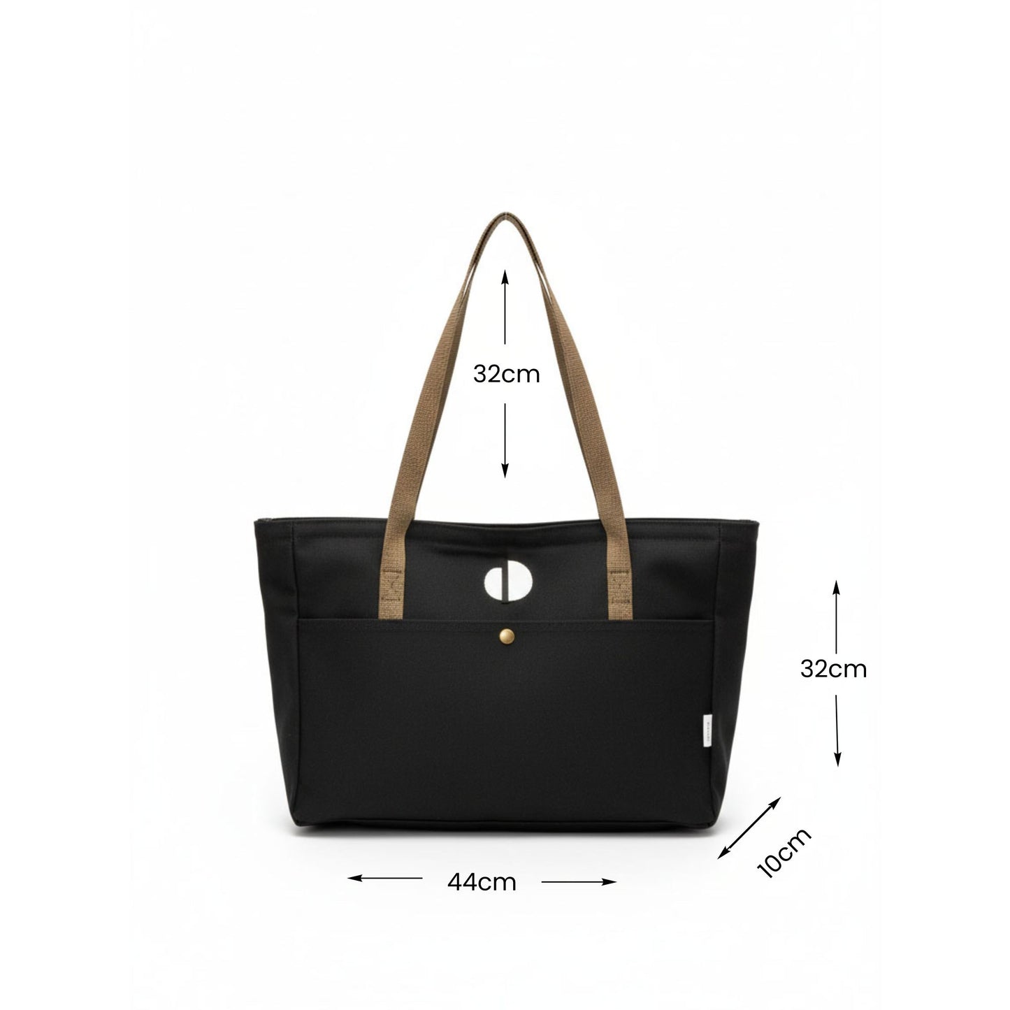 Black tote bag with brown straps and measurements on a white background - Dotflakes