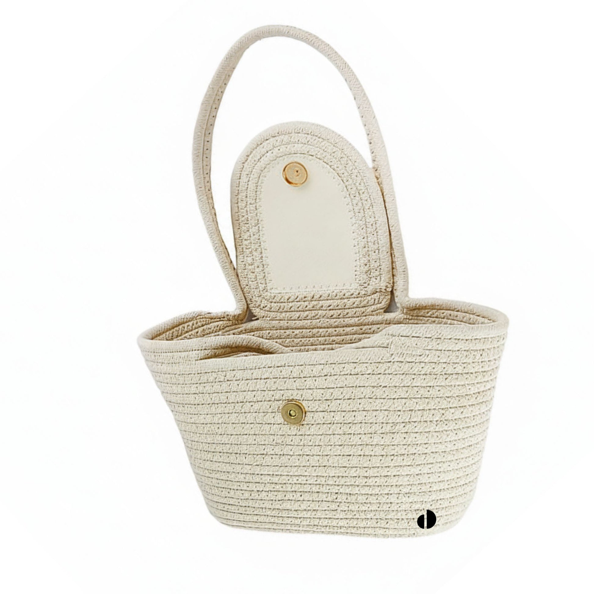 Beige woven basket with handle on a white background - Dotflakes