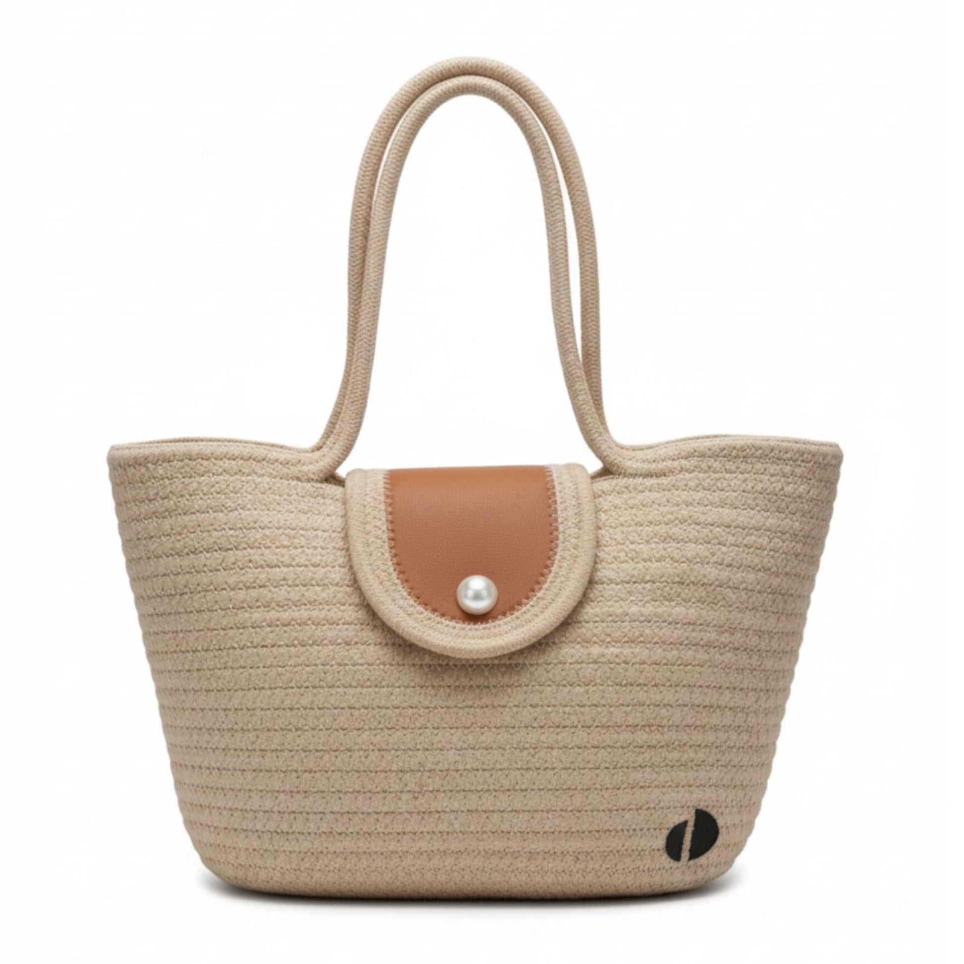 Beige straw handbag with brown flap and pearl button on a white background - Dotflakes