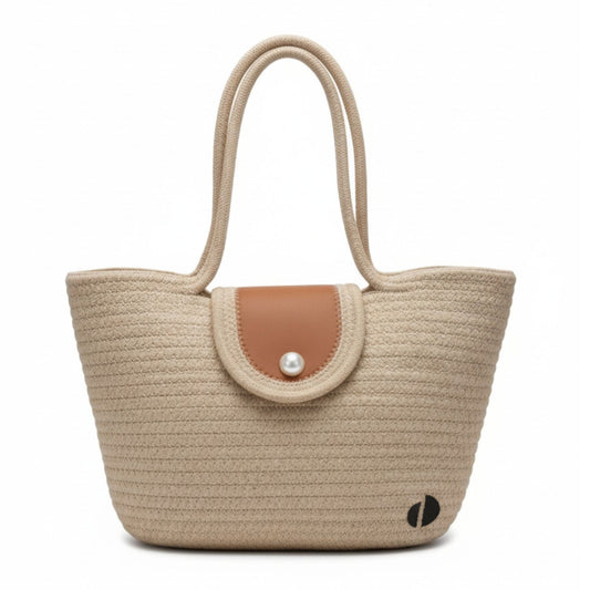 Beige straw handbag with brown flap and pearl button on a white background - Dotflakes