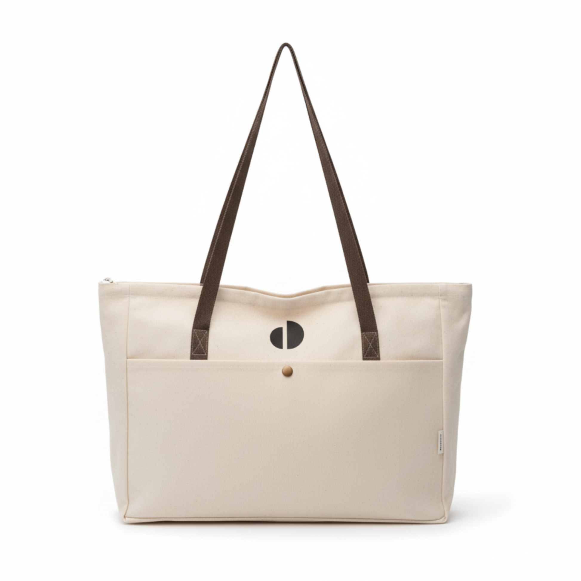 Beige tote bag with brown straps on a white background