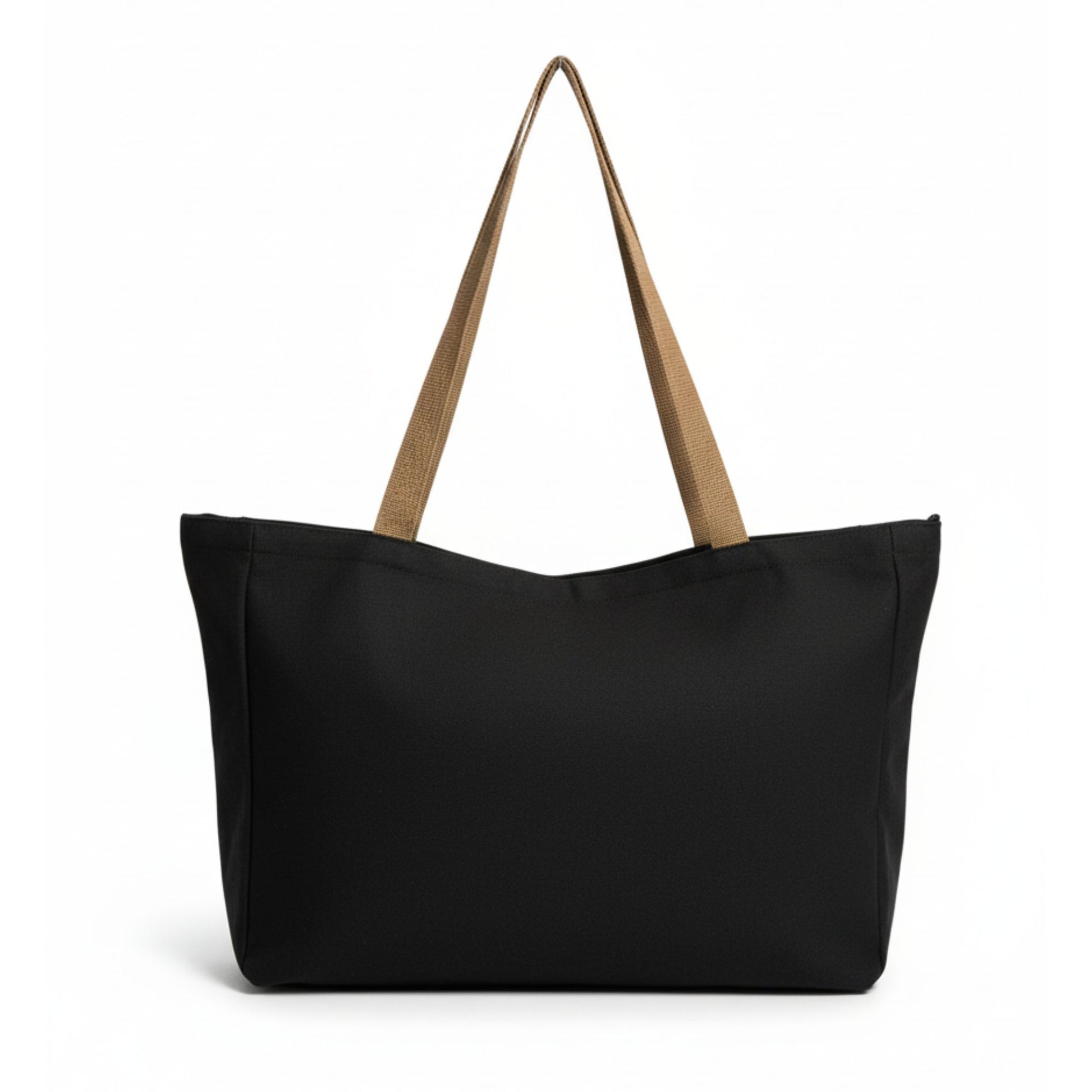 Black tote bag with brown handles on a white background - Dotflakes