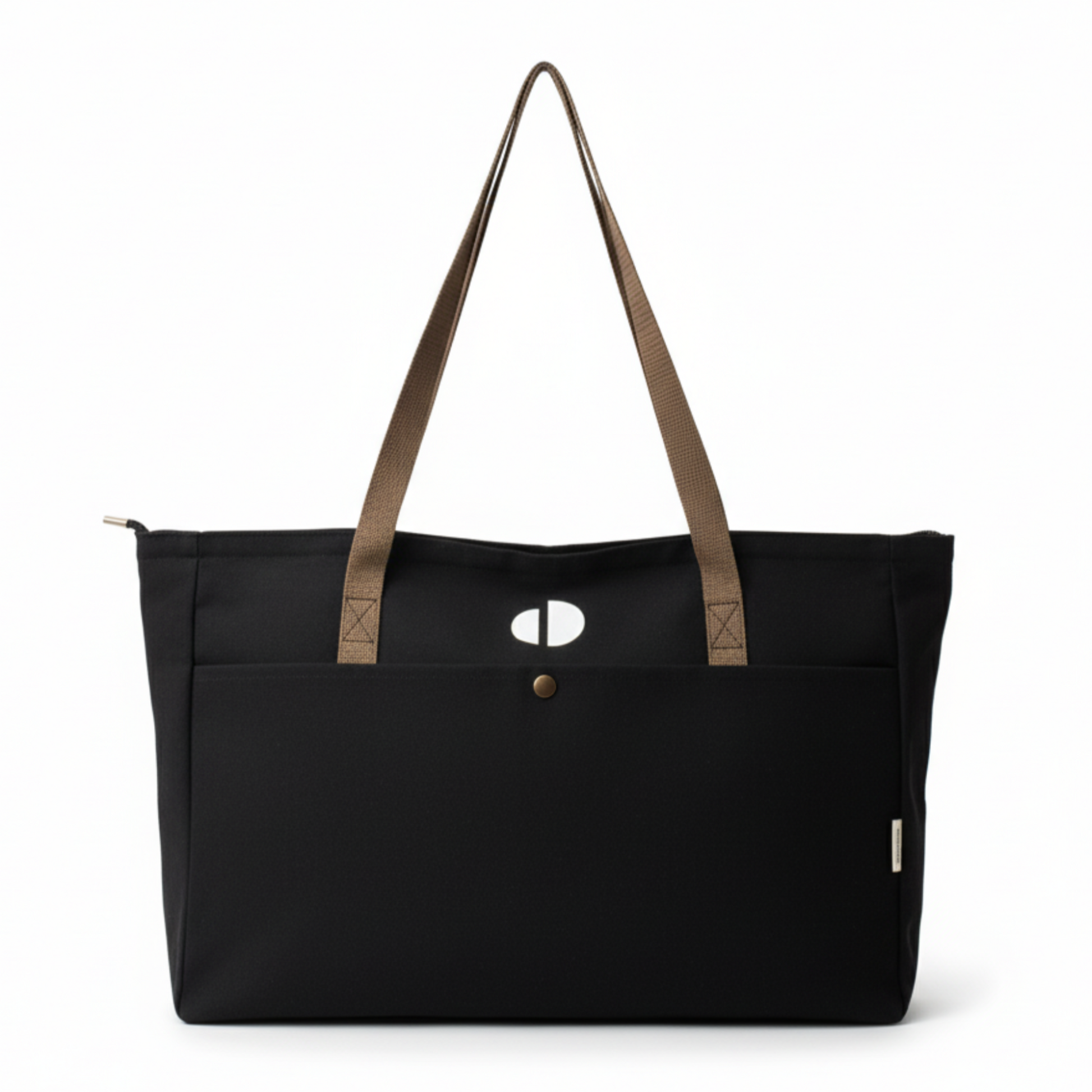 Black tote bag with brown straps on a white background