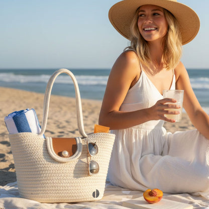Woman on a beach with a cotton rope tote bag, white dress, and straw hat. - dotflakes