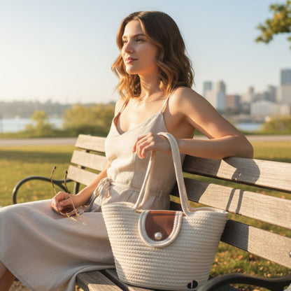 Woman sitting on a bench in a park with a tote bag - skiy in the background  - dotflakes