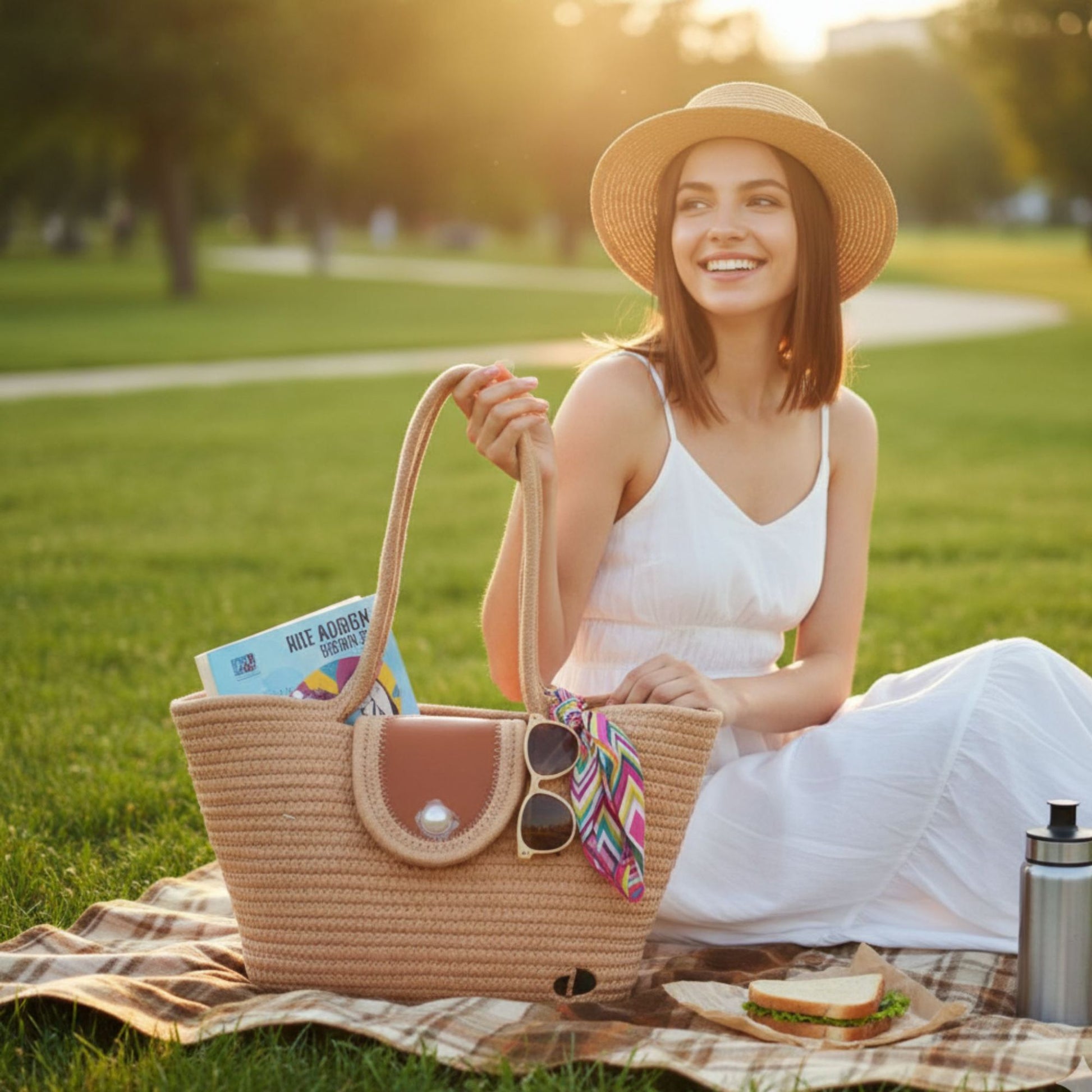 Woman in a white dress and straw hat sitting on a seamless cotton tote bag in a park. - dotflakes
