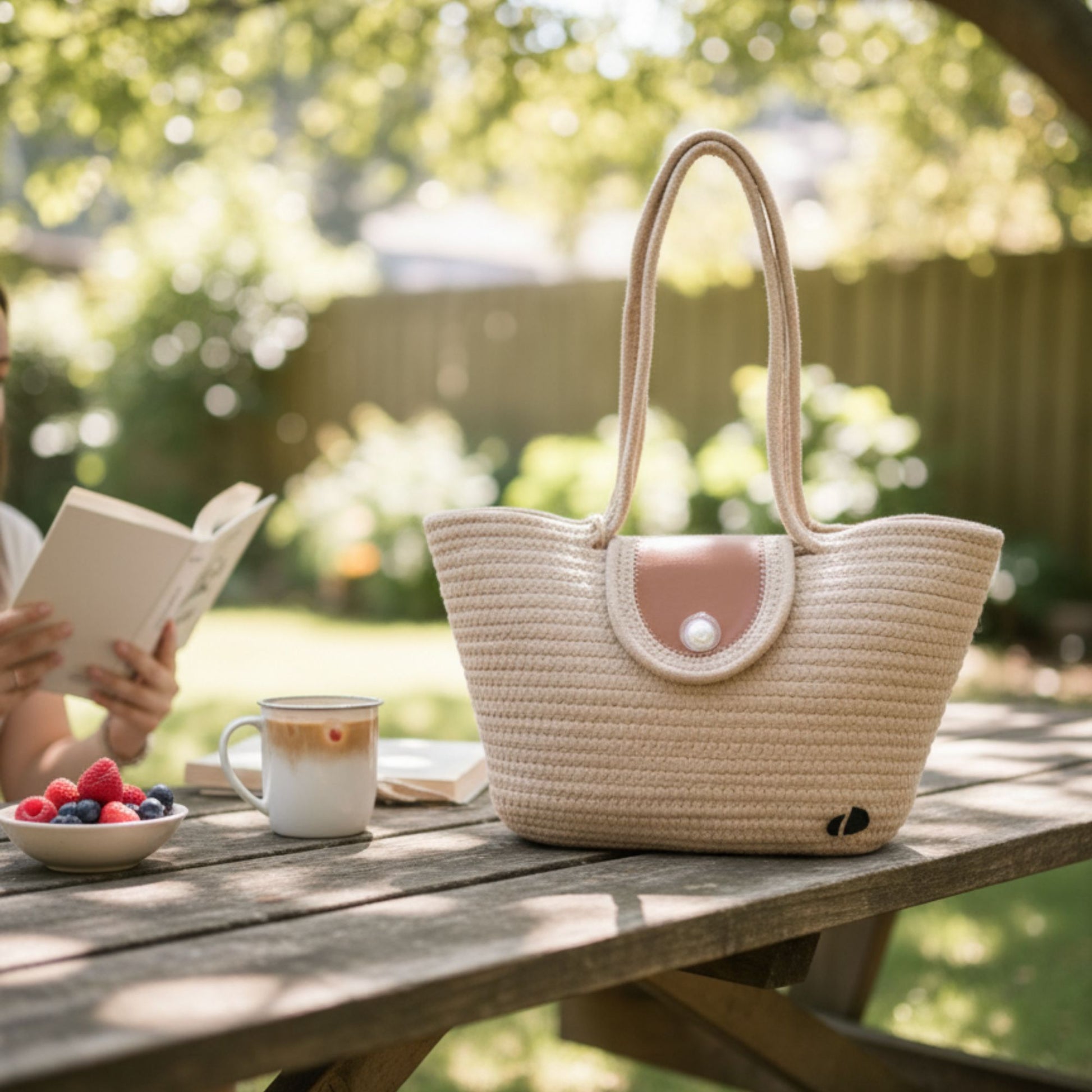 Woven tote bag on a table with a person reading a book and a cup of coffee in a garden setting - dotflakes