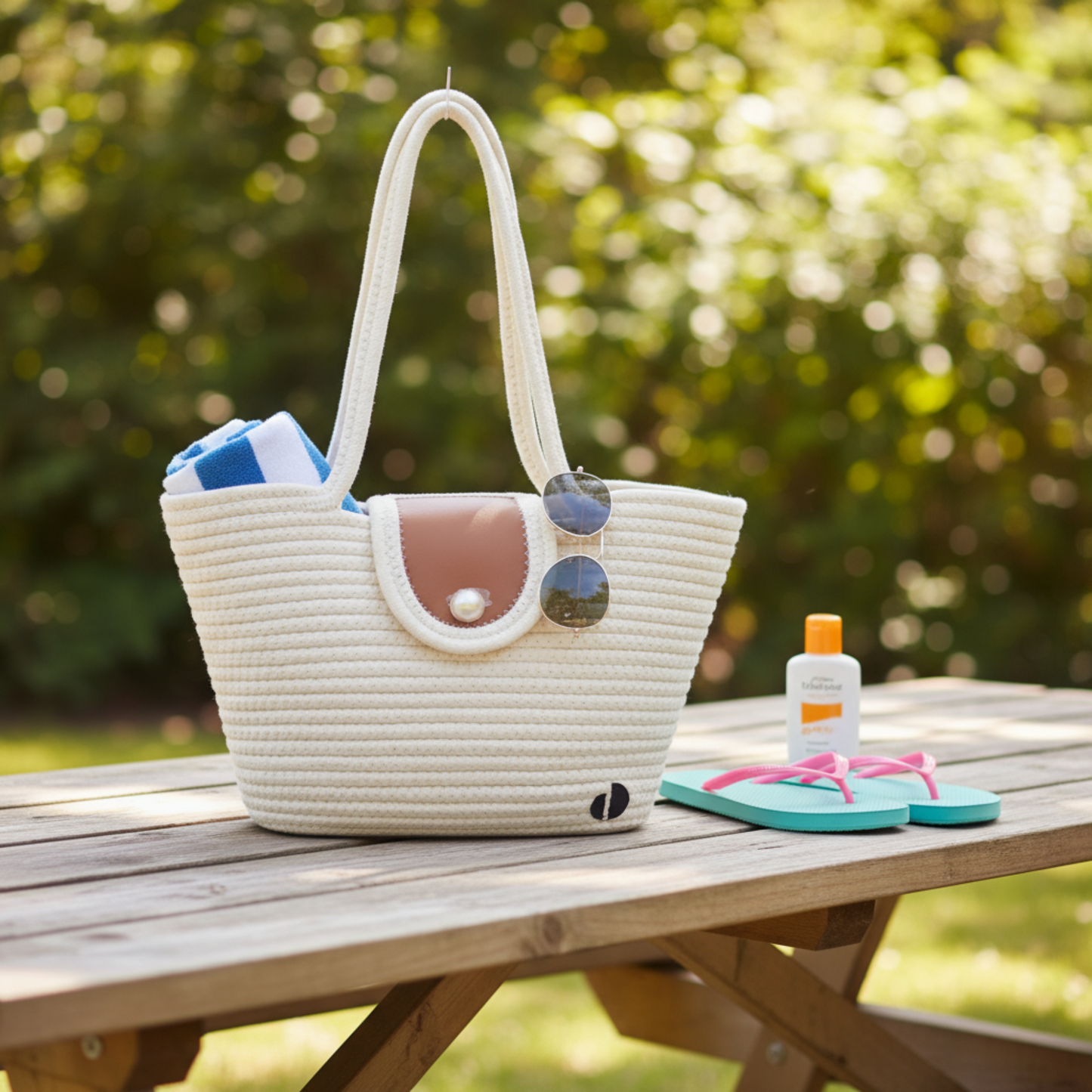White woven beach tote bag with sunglasses and a bottle on a wooden table outdoors - dotflakes