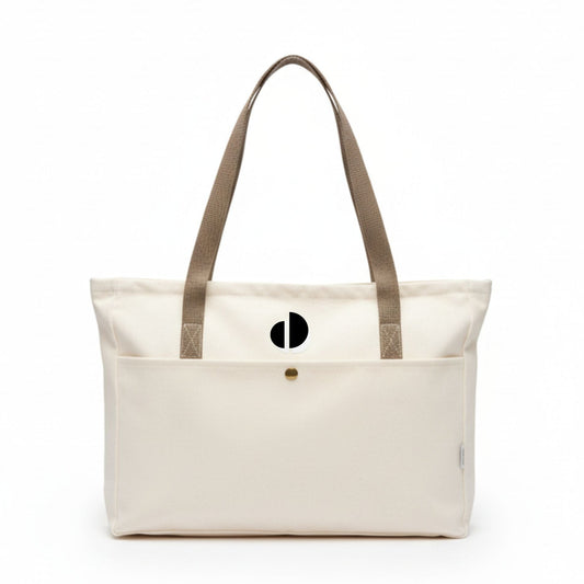 Beige tote bag with brown straps on a white background - Dotflakes
