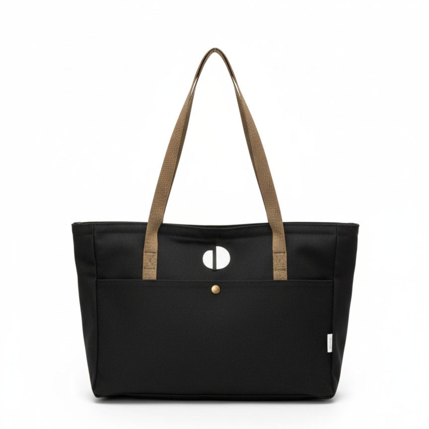 Black tote bag with brown straps on a white background - Dotflakes