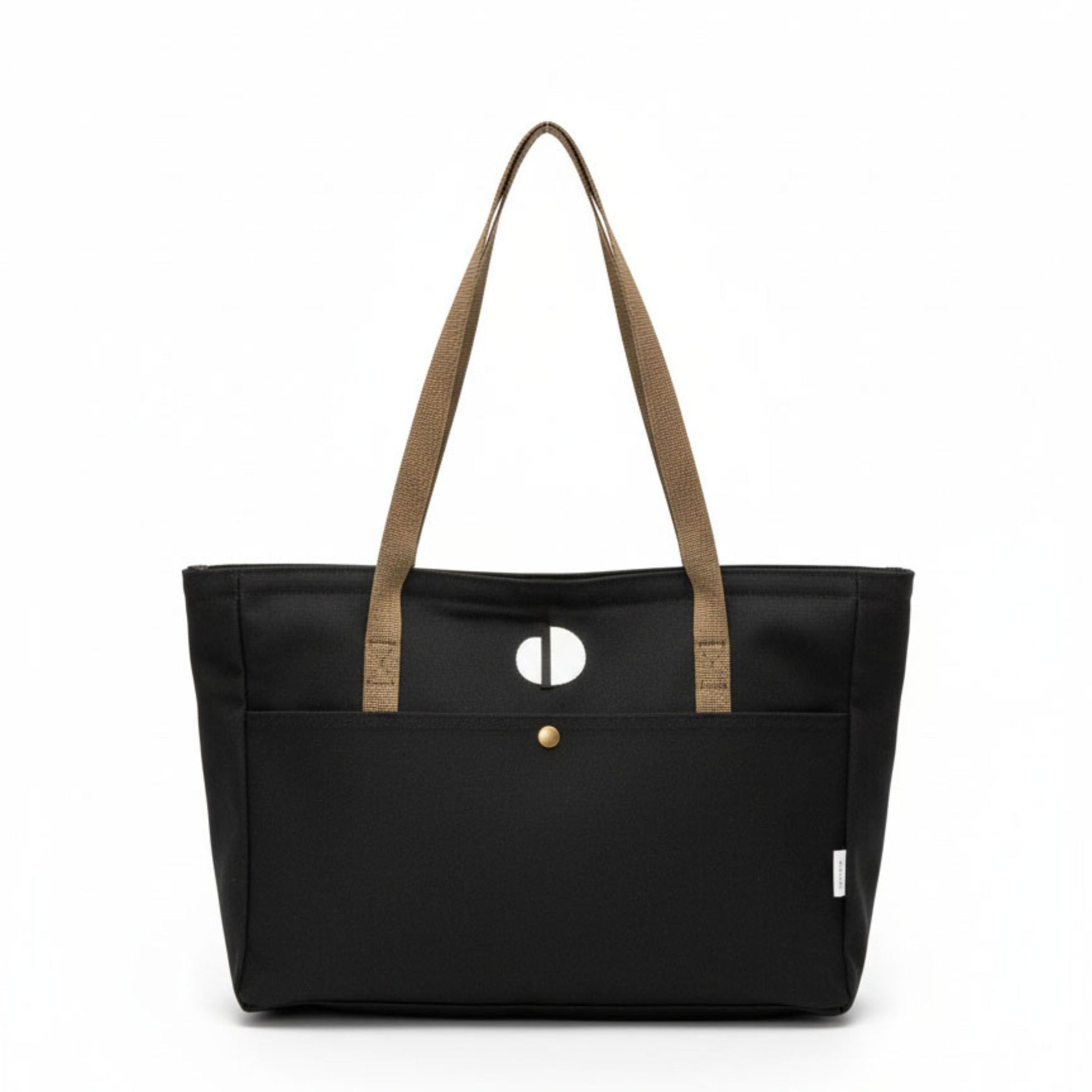 Black tote bag with brown straps on a white background - Dotflakes