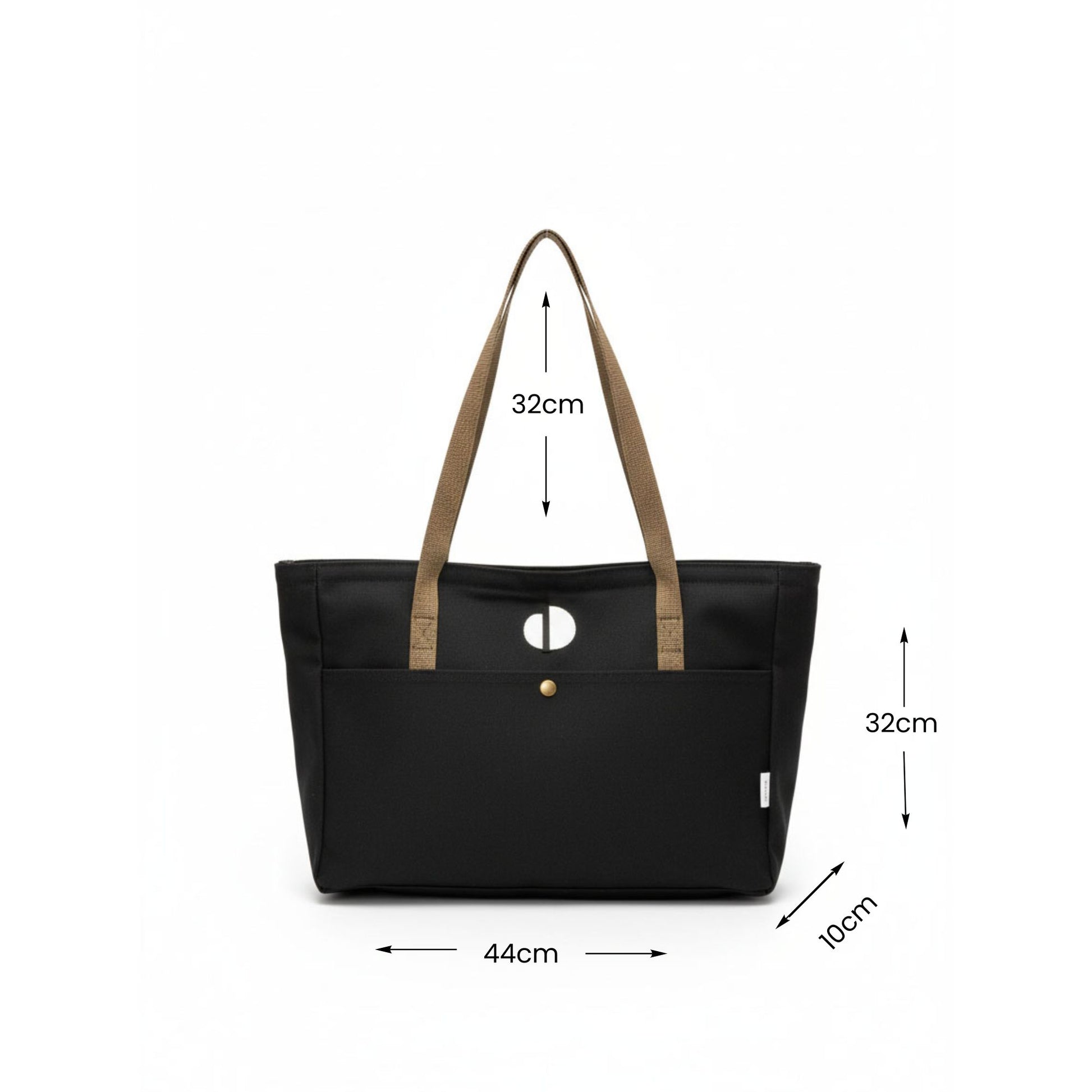 Black tote bag with brown straps and measurements on a white background - Dotflakes