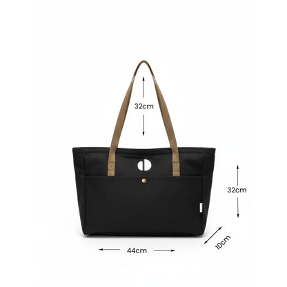 Black tote bag with brown straps and measurements on a white background - Dotflakes
