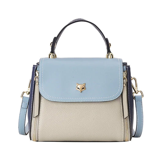 Women's Split Leather Color Contrast Sky Blue Handbag | Dotflakes