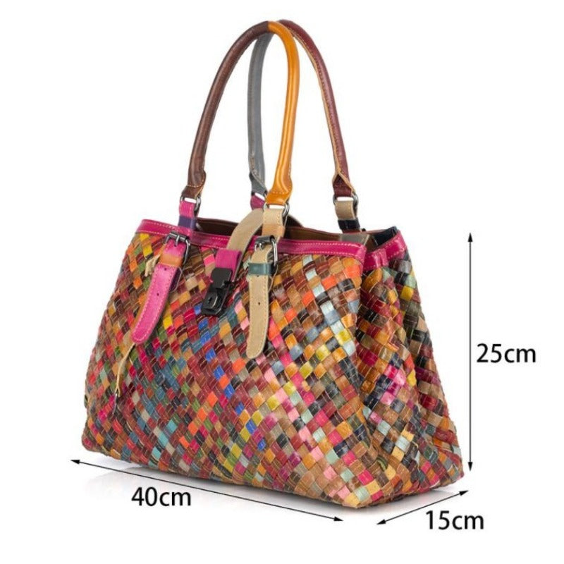Women's Multicolored Leather Knitting Tote Handbag | Dotflakes