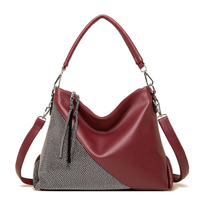 Ladies Soft Leather Diagonal Bicolor Patchwork Handbag | Dotflakes