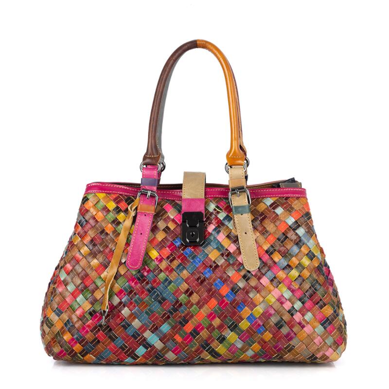 Women's Multicolored Leather Knitting Tote Handbag | Dotflakes