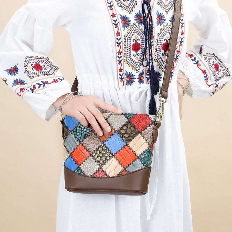 Ladies Leather Multicolor Patchwork Crossbody Bag | Dotflakes