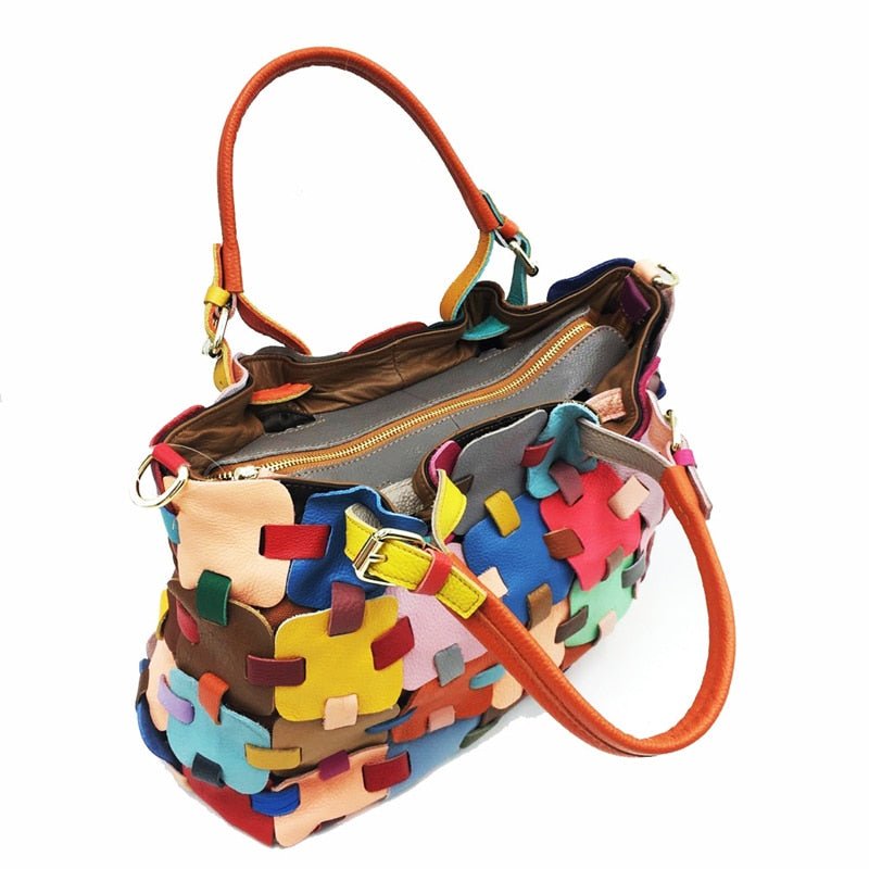 Ladies Multicolor Leather Patchwork Shoulder Tote | Dotflakes