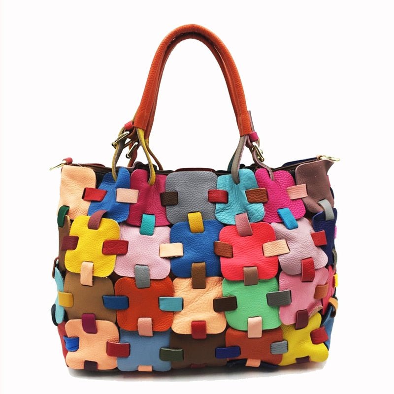 Ladies Multicolor Leather Patchwork Shoulder Tote | Dotflakes