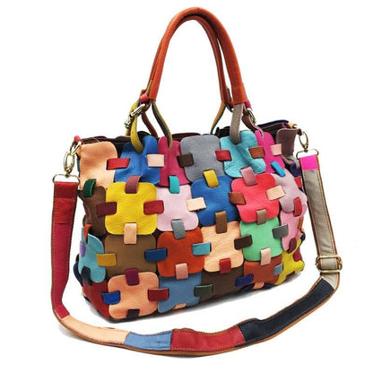 Ladies Multicolor Leather Patchwork Shoulder Tote | Dotflakes