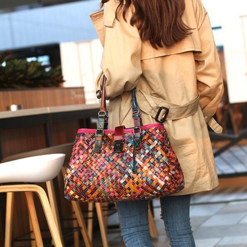 Women's Multicolor Leather Knitting Tote Handbag | Dotflakes