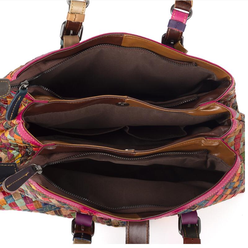 Women's Multicolor Leather Knitting Tote Handbag | Dotflakes