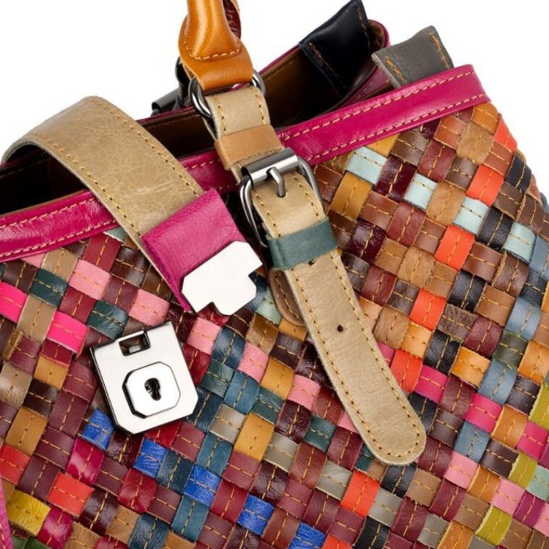 Women's Multicolor Leather Knitting Tote Handbag | Dotflakes