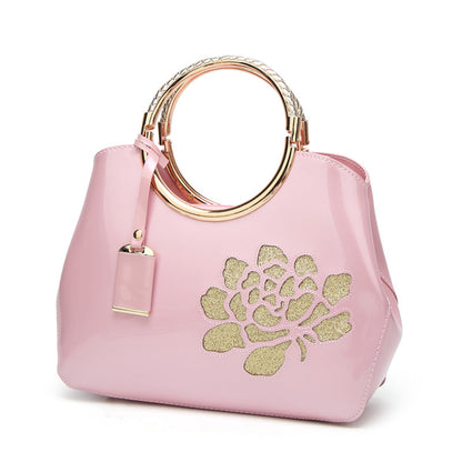 Rose Print Bright Surface Shell Handbags for Women Dotflakes