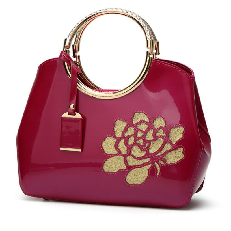 Rose Print Bright Surface Shell Handbags for Women Dotflakes